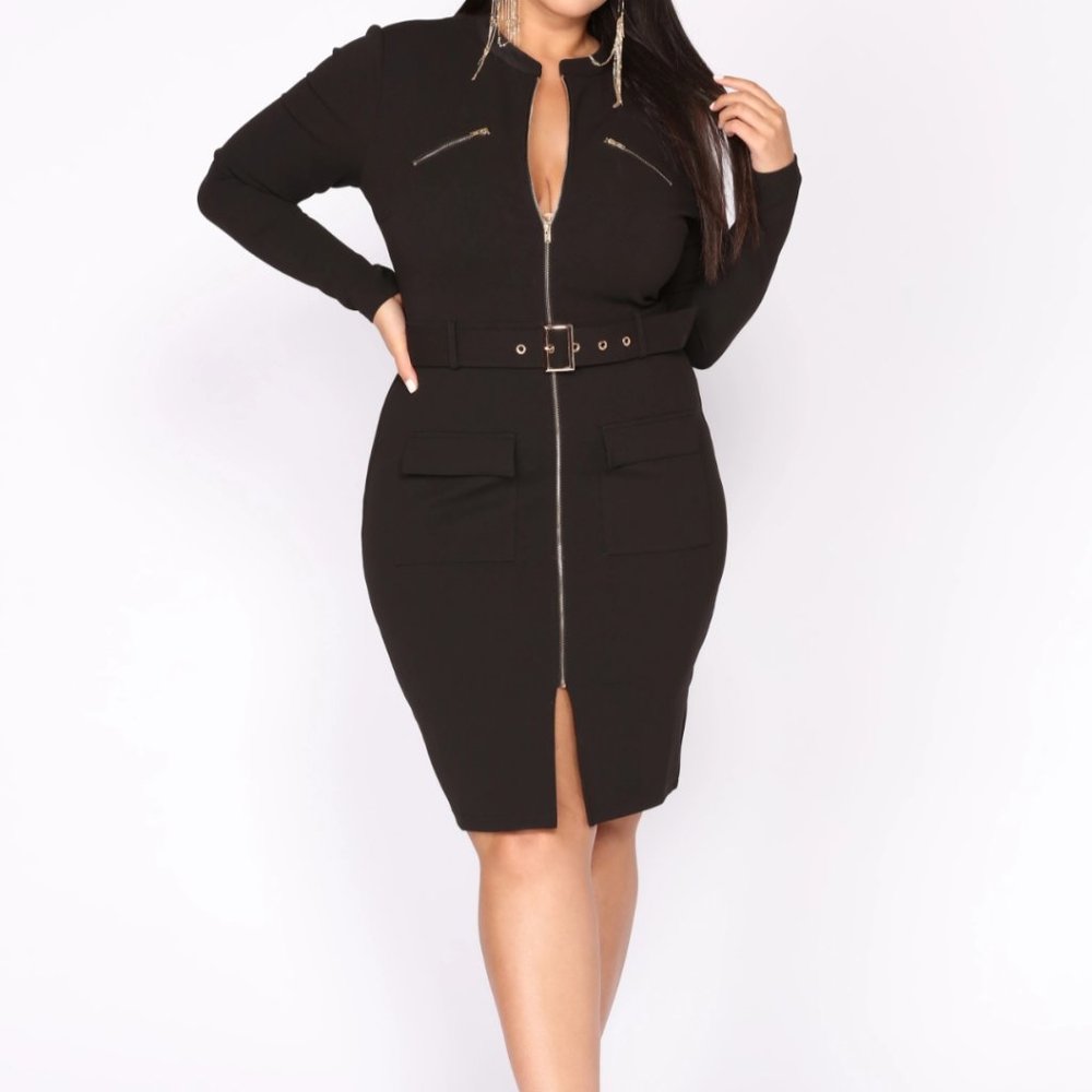 Belted black dress, zipper front